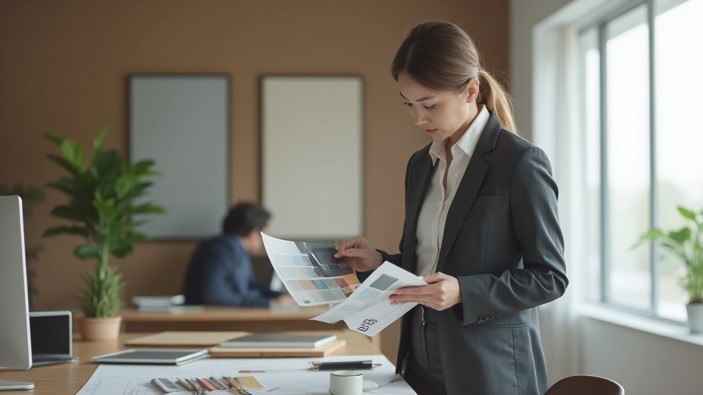 インテリアデザイナーが色彩パレットを検討している、複数の色見本を手に持つ、プロフェッショナルなオフィス環境