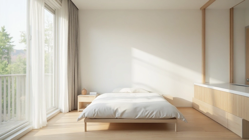 ミニマリストなベッドルーム、白い壁、自然木の床、最小限の家具で構成された落ち着きのある寝室空間