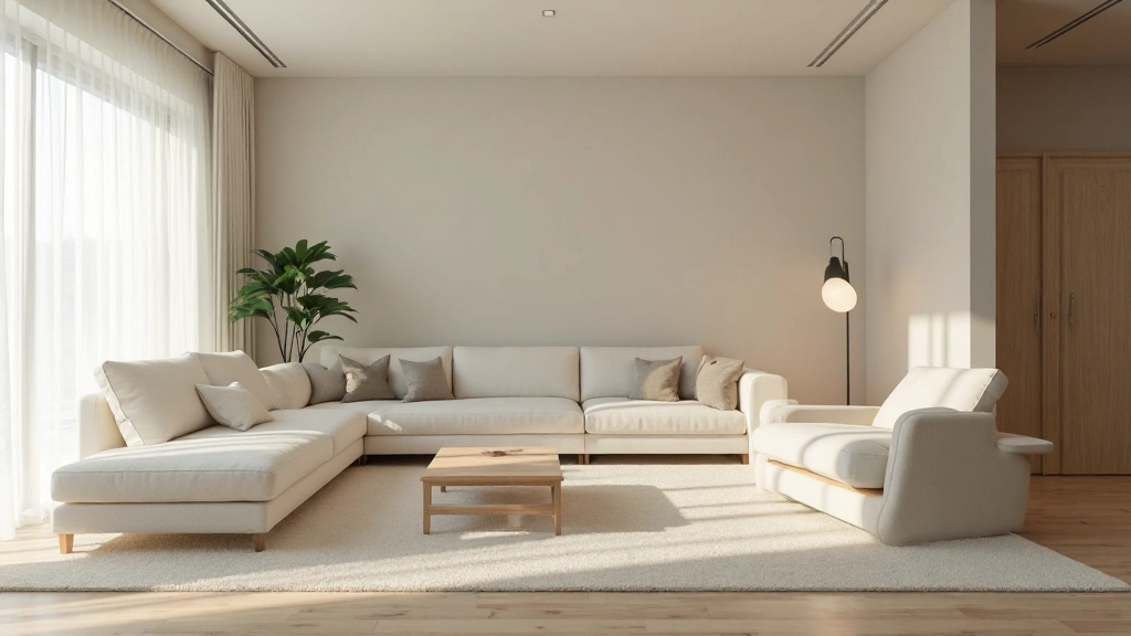 リビングルームの家具配置図、ミニマリストレイアウト、シンメトリーな配置、十分な余白